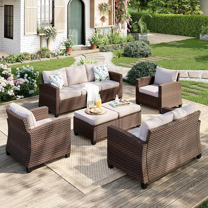 MIXPATIO Patio Furniture Set, 6 Pcs Wicker Outdoor Conversation Set, 2 x Leg Chairs, 1 x 3 Seater Sofa, 1 x 2-Seat Lover Sofa and 2 x Ottomans with 4" Thick Cushion for Garden Backyard Deck, Beige