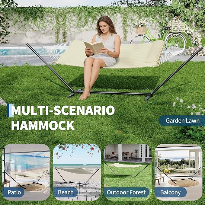 12 ft Double Hammock with Stand, Portable 2 Person Outdoor Hammock with Stand for Patio, Backyard, Garden, Heavy Duty Hammock with Soft Pillow & Balance Ropes, Folding Hammock, Beige