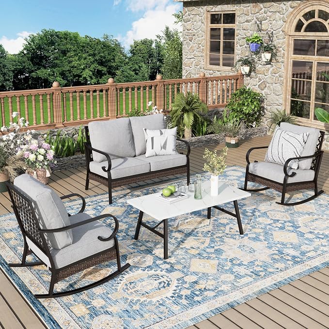 MIXPATIO Patio Furniture Set with Coffee Table, Outdoor Conversation Set with 2 x Rocking Chair, 1 x 2-Seat Sofa for Lawn Garden Backyard, Light Grey