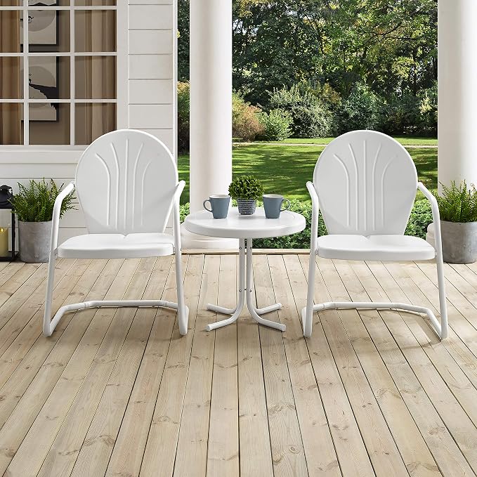 Crosley Furniture Griffith 3-Piece Outdoor Chair and Side Table Set, Retro Metal Bistro Patio Sets for Porch, White