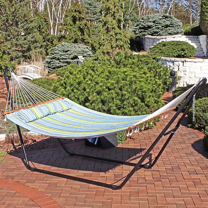 Sunnydaze Quilted Double Hammock with Stand for Outside - 440 lb Capacity Universal Black Steel Stand - UV Resistant, Quick Dry Fabric - Pillow, Chains, and Hardware Included - Blue and Green