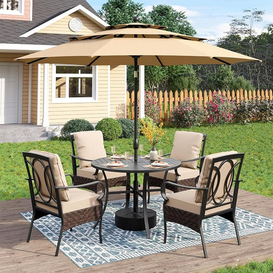 PHI VILLA 6 PCS Outdoor Dining Sets, All-Weather Round Patio Table and Chairs Set for 4 with Umbrella, Heavy Duty Patio Table Set for Deck, 4 Large Outdoor Metal Wicker Dining Chairs with Cushions