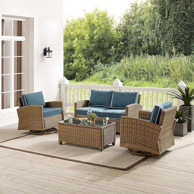 Crosley Furniture Bradenton 4-Piece Wicker Outdoor Loveseat and Swivel Rocker Patio Furniture Set for Porch, Brown with Navy Cushions