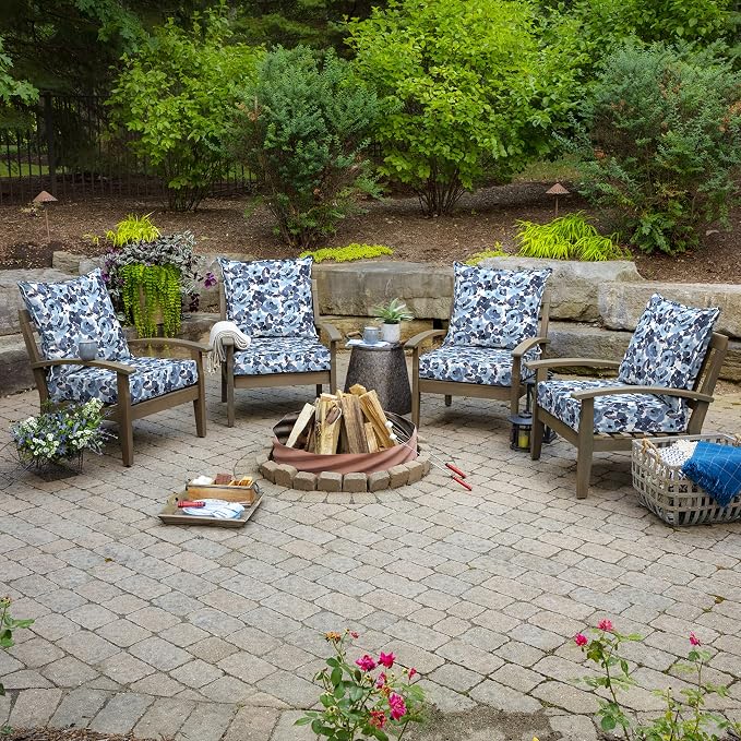 Arden Outdoor Deep Seat Cushion Set, Foam, 24x24, Blue Garden Floral | 4-Pack, Sofa, Couch, Conversation Set, Premium High-Density Foam, Never Flattens, Mold and Mildew Resistant