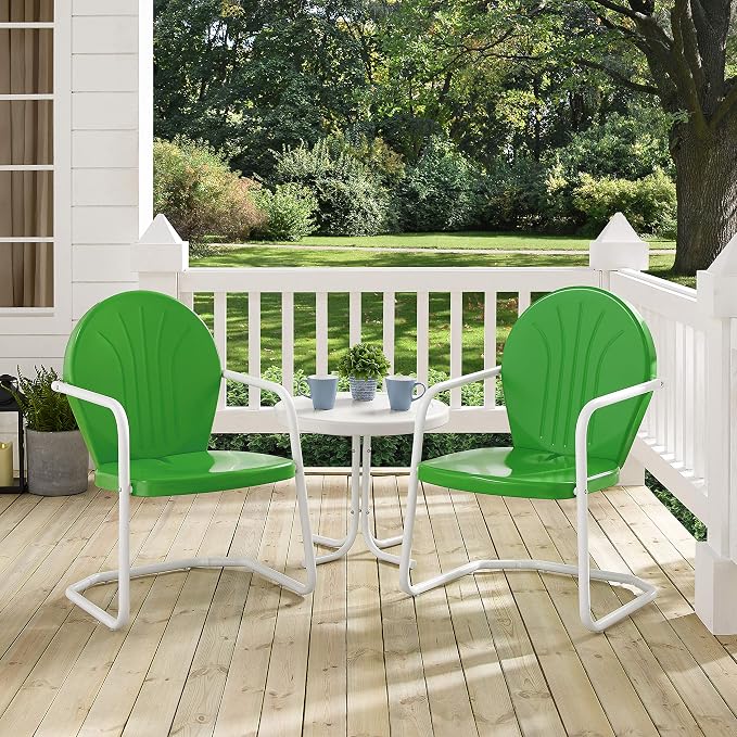 Crosley Furniture Griffith 3-Piece Outdoor Chair and Side Table Set, Retro Metal Bistro Patio Sets for Porch, Grasshopper Green