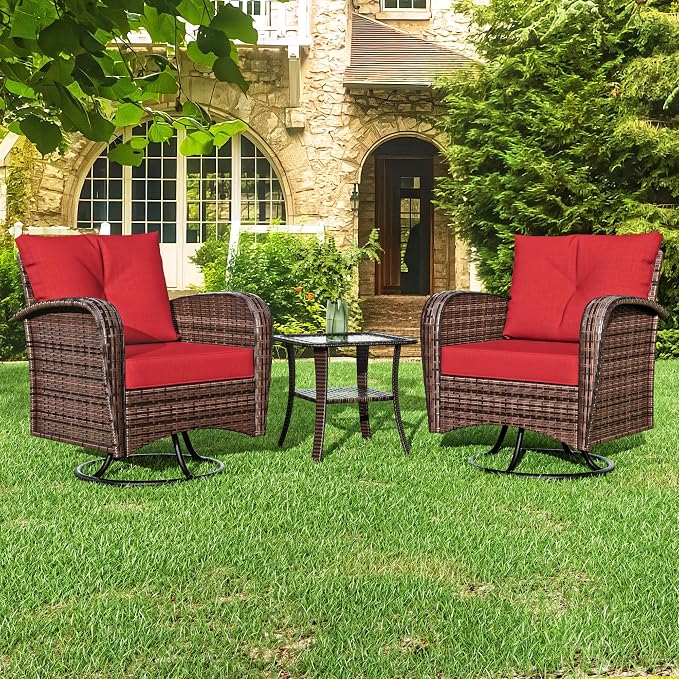 3 Pieces Conversation Furniture Set of Patio Swivel Rocking Chairs and End Table, Wicker Rattan Outdoor Set with Washable Cushions for Backyard, Poolside, Sunroom (Red)