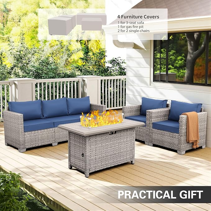 WAROOM Patio Furniture Set 4 Piece Outdoor Wicker Conversation Sets PE Rattan Couch Sectional Sofa with Fire Pit Table, Navy Blue Cushion