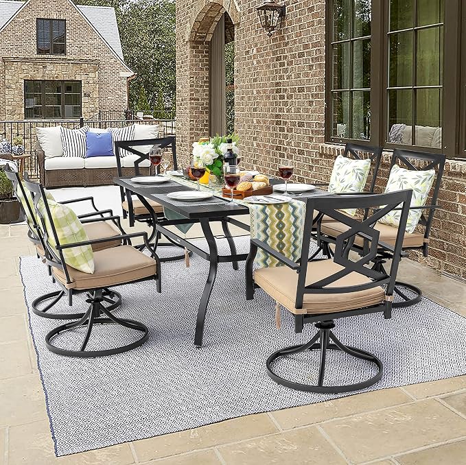 NUU GARDEN 7 Piece Outdoor Patio Dining Set, 6 Swivel Rocker Chairs with Padded Cushions, 61" x 37" Rectangle Iron Dining Table with 1.57" Umbrella Hole,Black and Beige Cushion