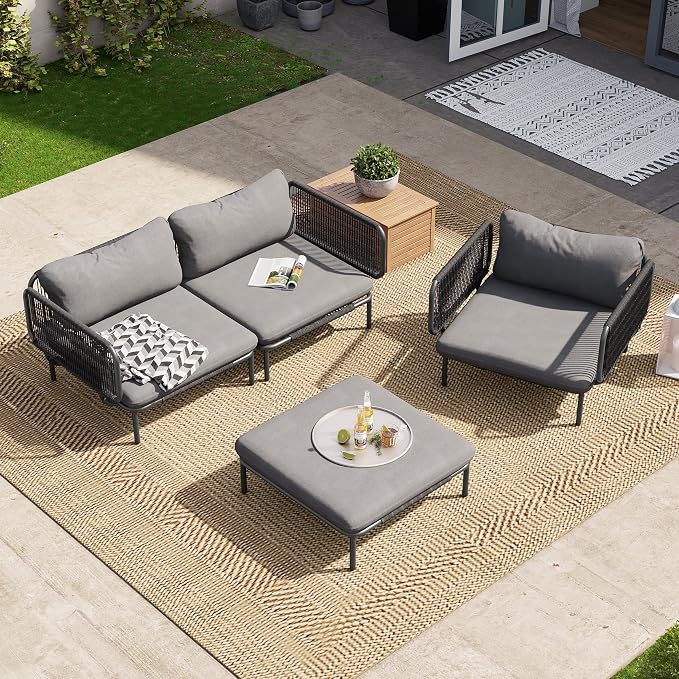 Crestlive Products Outdoor Patio Furniture Set, 4 Seater Modular Oversized Patio Conversation Set with Cushions, Modern Metal Sectional Outdoor Couch for Backyard, Deck, Porch, or Poolside, Dark Grey