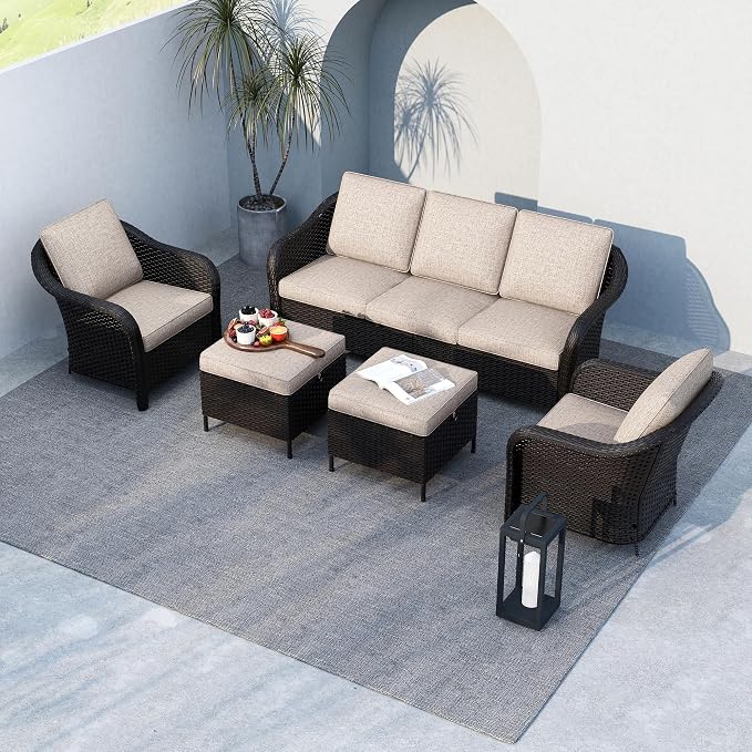 5 PCS Outdoor Conversation Set | 78" Couch, 2 Chairs, 2 Ottomans, Patio Wicker Conversation Furniture with Removable Cushions for Bistro, Deck, Sunroom (Beige)