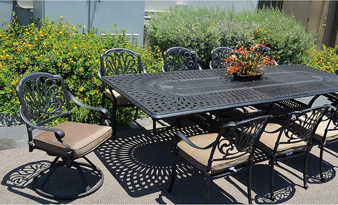 Elizabeth Outdoor Cast Aluminum Powder Coated 11-Piece Dining Set with Extendable 132in Rectangular Dining Table (Olefin Walnut Cushions)