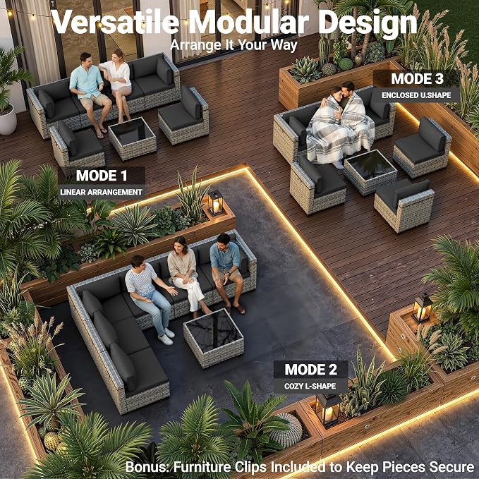 7-Piece Patio Furniture Set, Outdoor Sectional with Thick Cushions, Modular Patio Sofa, Dual-Strand Wicker Rattan, Rust-Resistant Frame, Backyard Furniture for Garden, Deck, Dark Black