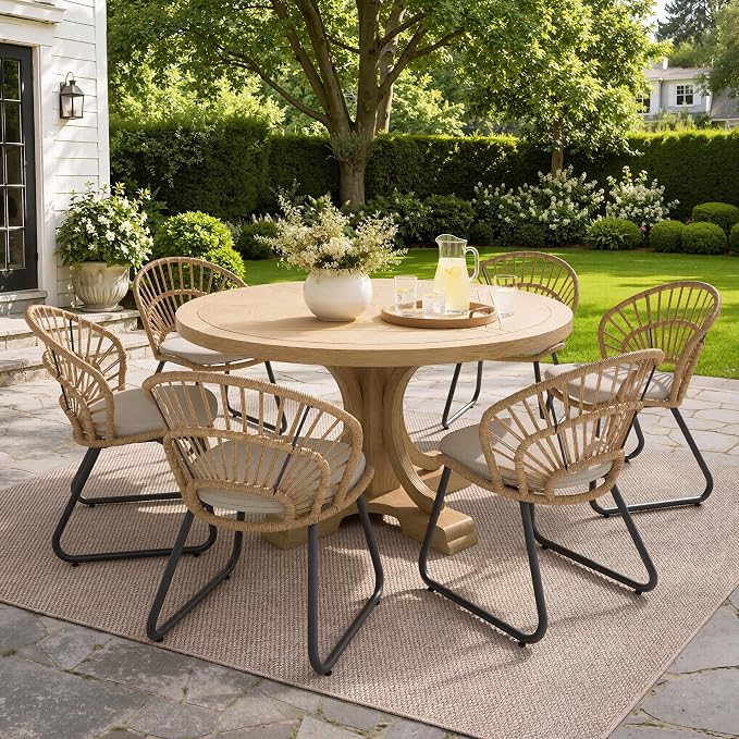 Boho Patio Dining Chairs Set of 4, Hand-Woven Rattan Outdoor Chair | Shell Shaped Back with 2.6” Beige Cushion, Sled Metal Frame Patio Side Chairs for Garden Backyard Porch