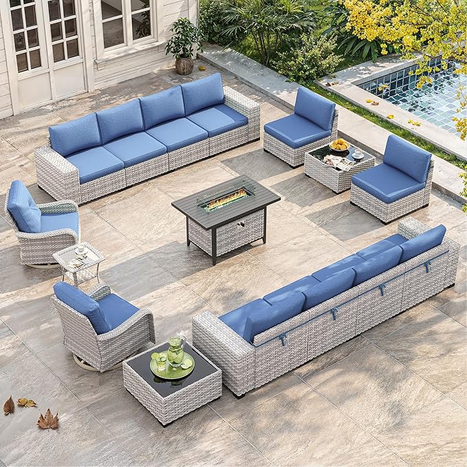 16 Piece Outdoor Wicker Sectional Sofa Set with Swivel Chairs & Fire Pit Table, 12-Seats with 4" Thickened Cushions & Coffee Table, All-Weather PE Rattan for Garden, Backyard, Porch, Blue