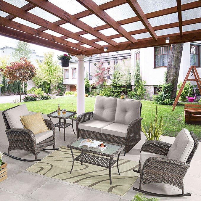 Belord 5 Piece Outdoor Conversation Patio Furniture Set - All-Weather Wicker Patio Rocking Chairs with Loveseat Glider Chair and Coffee Table for Patio Deck Porch Backyard Beige Cushion