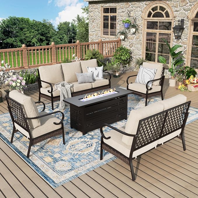 MIXPATIO Patio Furniture Set with Fire Pit Table, Metal Outdoor Conversation Set with 5.75'' Extra Thick Cushion, 2 Leg Chairs, Loveseat Sofa, 3-Seat Sofa and Gas Fire Pit Table, Beige