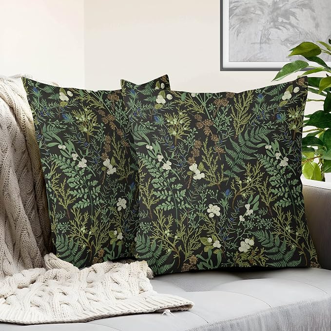 Green Plant Throw Pillow Covers 18x18 Inch Set of 2 Black Green Botanical Leaf Pillow Covers Vintage Floral Cushion Cover Farmhouse Waterproof Decor for Living Room Bedroom Sofa Patio Outdoor