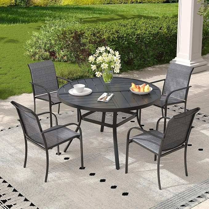5 Pieces Outdoor Dining Set, Stackable Textilene Patio Chairs & 40.5" Round Dining Table with Umbrella Hole and Shelf, Patio Dining Set for Backyard, Deck, Garden, Grey & Black