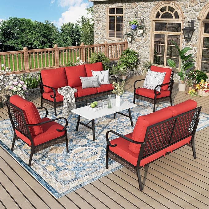 MIXPATIO Patio Furniture Set with Coffee Table, Outdoor Conversation Set with 2 x Fixed Chairs, 1 x 2-Seat Sofa, 1 x 3-Seat Sofa for Lawn Garden Backyard, Red