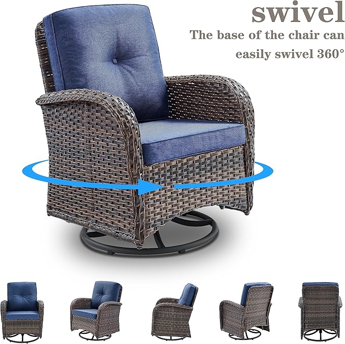 Belord Small Conversation Sets Patio Funiture - 5 Piece Outdoor Swivel Rocker Wicker Furniture Sets with Ottomans Side Table Perfect for Patio Deck Backyard, Brown Wicker Blue Cushion