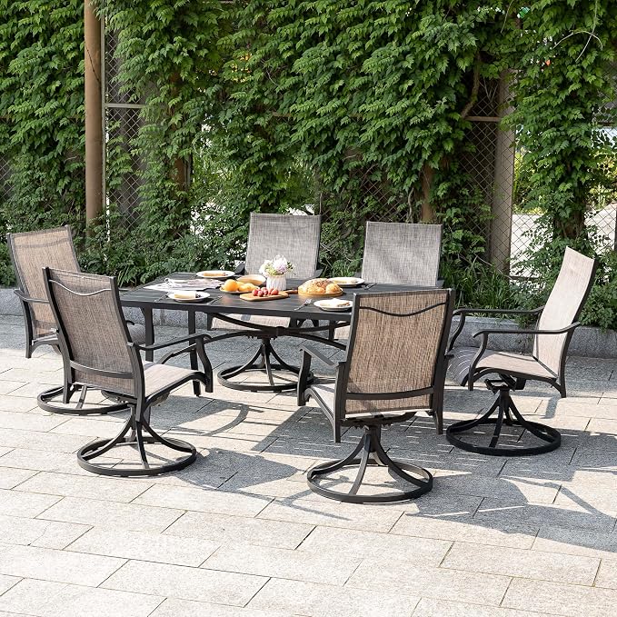 NUU GARDEN Outdoor Dining Set of 6, Aluminum Swivel Chairs, Grayish Brown | Rust-resistant patio set with aluminum tabletop. 6 quick-dry textilene swivel dining chairs with armrests