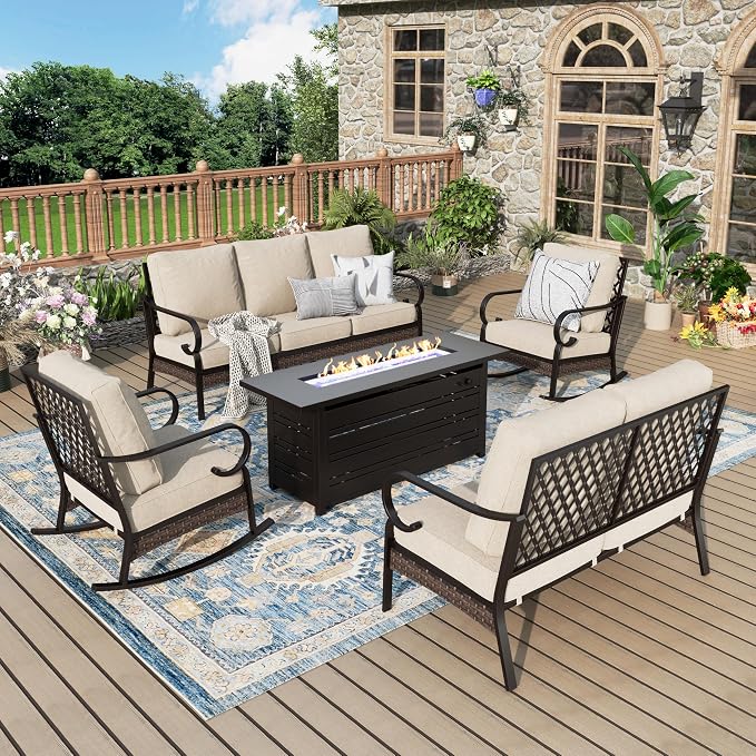 MIXPATIO Patio Furniture Set with Fire Pit Table, Metal Outdoor Conversation Set with 5.75'' Extra Thick Cushion, 2 Rocking Chairs, Loveseat Sofa, 3-Seat Sofa and Gas Fire Pit Table, Beige
