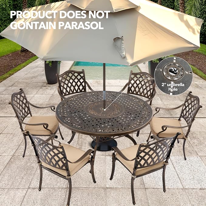 7-Piece Cast Aluminum Outdoor Table and Chairs, Classic Vintage Patio Dining Set for 6 Include 54.5" Round Dining Table and 6 Chairs with Removable Cushion and Umbrella Hole
