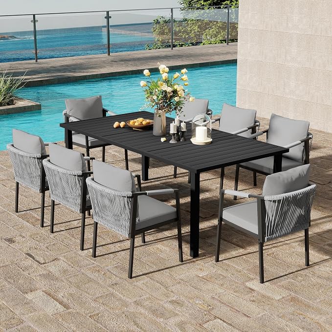 Patio Dining Set for 8, Woven Rope Dining Chairs, Cushions, for Lawn Garden | 9-piece patio dining set for 8, woven rope rattan dining table and chairs set, cushions, all-weather for lawn garden