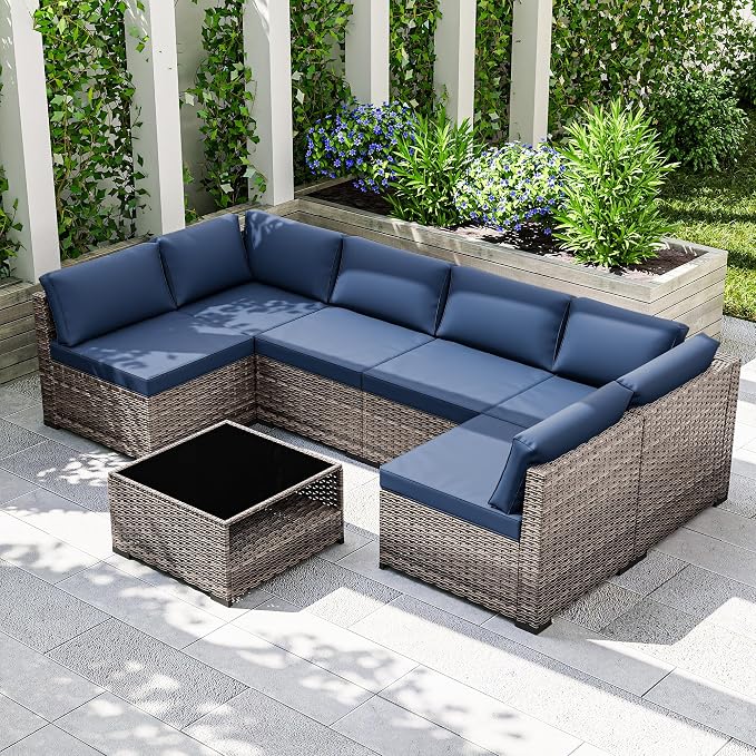 Joyside 7-Piece Patio Furniture Set, Rattan Outdoor Sectional Wicker Patio Conversation Set with Cushions and Coffee Table