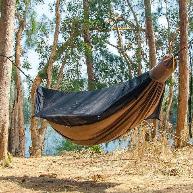 Go Camping Hammock 2.0 w/ Built-In Mosquito Net - Slate Gray by Go Outfitters: 11' Long X 64" Wide |Includes 2 Premium Aluminum Carabiners, Rapid Deployment Bag, 4 Stakes & 4 Shock Cords
