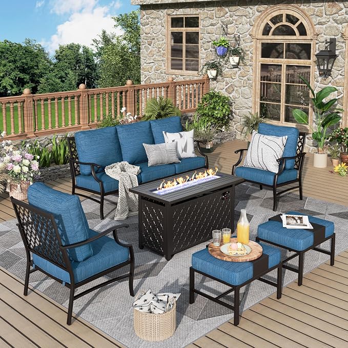 MIXPATIO Patio Furniture Set, 6 Pcs Metal Outdoor Conversation Set, 2 Single Chairs, 2 Ottomans and 3 Seater Sofa with 5.75" Extra Thick Cushion and Gas Fire Pit Table, Gemstone Blue