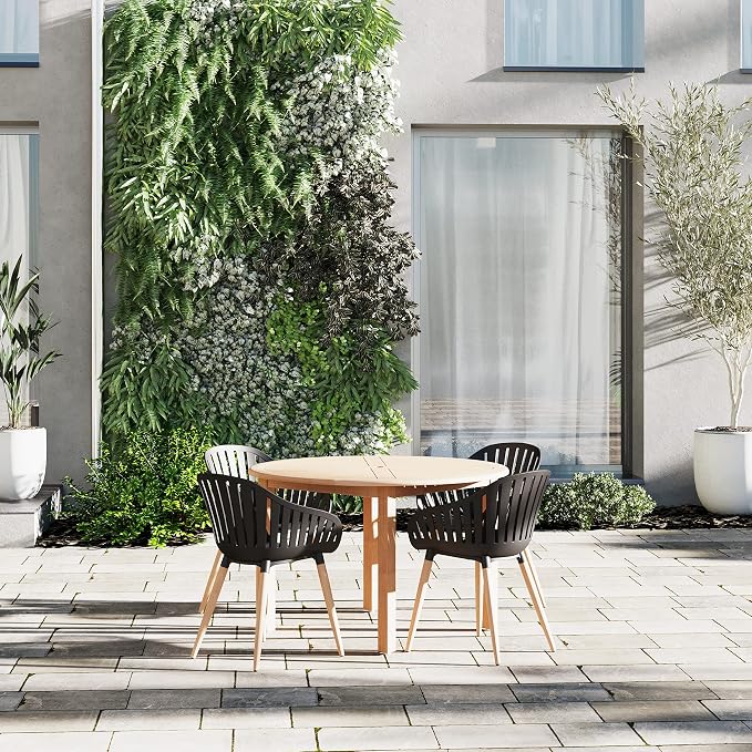 Urban Elements Nature 5-Piece Wood Patio Furniture Set | Teak Finish 100% FSC Eucalyptus | Backyard Furniture, Outside Table and Chairs, Round Outdoor Dining Set for 4, Patio Dining Set for 4 (Black)
