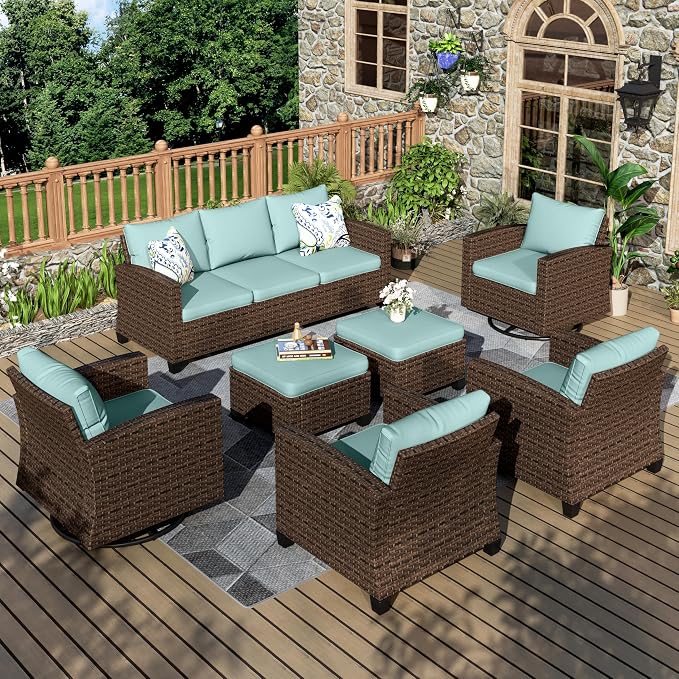 MIXPATIO Patio Furniture Set, 7 Pcs Wicker Rattan Outdoor Conversation Set, 2 x Leg Chairs, 2 x Swivel Chairs, 1 x 3 Seater Sofa and 2 x Ottoman with 4" Thick Cushion for Garden Backyard Deck, Blue