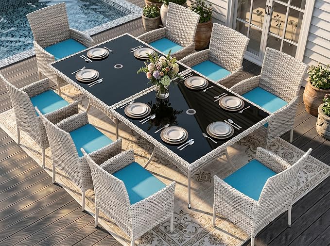Outdoor Dining Set, 10-Piece Patio Furniture Set with Tempered Glass Table and 8 Cushioned Chairs, Dual-Strand Wicker Rattan, Balcony Furniture for Backyard, Garden, Deck,– Turquoise