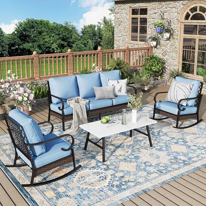 MIXPATIO Patio Furniture Set with Coffee Table, Outdoor Conversation Set with 2 x Rocking Chairs, 1 x 3-Seat Sofa for Lawn Garden Backyard, Blue