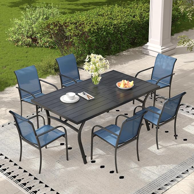 Patio Table and Chairs Set for 6, Outdoor Dining Set with 6 Stackable Dining Chairs and 63.1" x 28" Rectangle Patio Metal Table for Backyard, Deck, Lawn, Garden, Dark Blue & Black