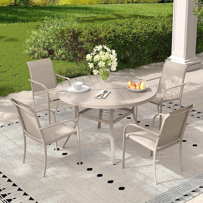 5 Pieces Outdoor Dining Set, Stackable Textilene Paito Chairs & 40.5" Round Dining Table with Umbrella Hole and Shelf, Patio Dining Set for Backyard, Deck, Garden, Sandshell