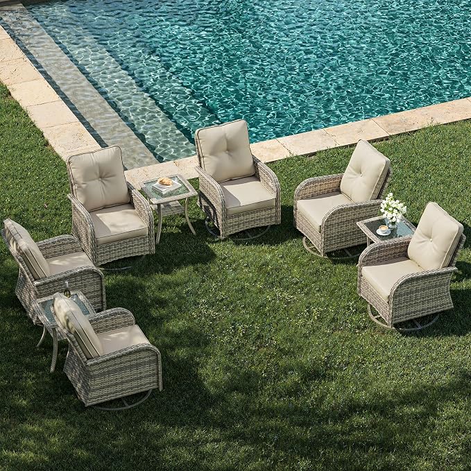 9-Piece Patio Rocking Swivel Chair Outdoor Wicker Rattan Bistro Set with Tempered Glass Side Table, Outdoor Patio Furniture Set for Garden, Deck, and Balcony, White
