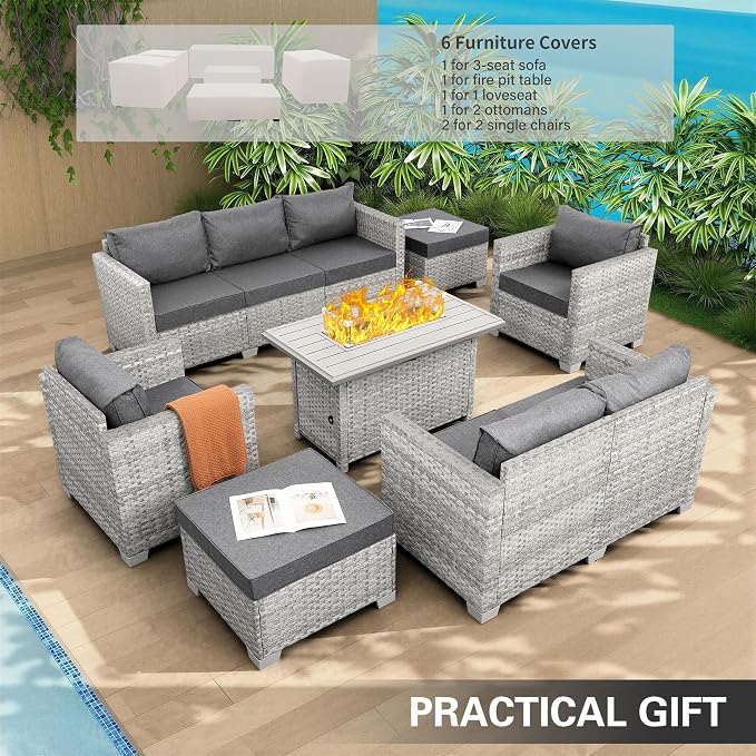 WAROOM Patio Furniture Set 7 Piece Grey Wicker Outdoor Conversation Sets PE Rattan Sectional Sofa with Propane Fire Pit Table and Anti-Slip Grey Cushion