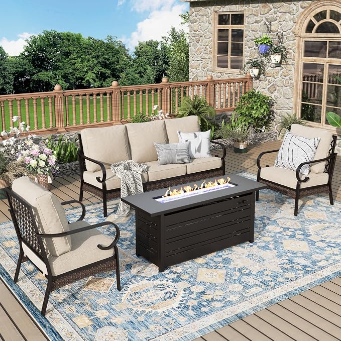 MIXPATIO Patio Furniture Set with Fire Pit Table, 4 PCS Metal Outdoor Conversation Set with 5.75'' Extra Thick Cushion, 2 Chairs, 3-Seat Sofa and Gas Fire Pit Table, Beige
