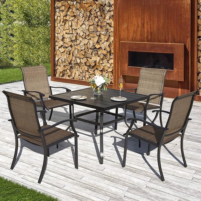 NUU GARDEN 5 Piece Outdoor Dining Set Patio Table and Chairs Set, 4 Textilene Dining Chairs and 1 Iron Patio Table with Umbrella Hole for Garden Patio Backyard, Black and Brown