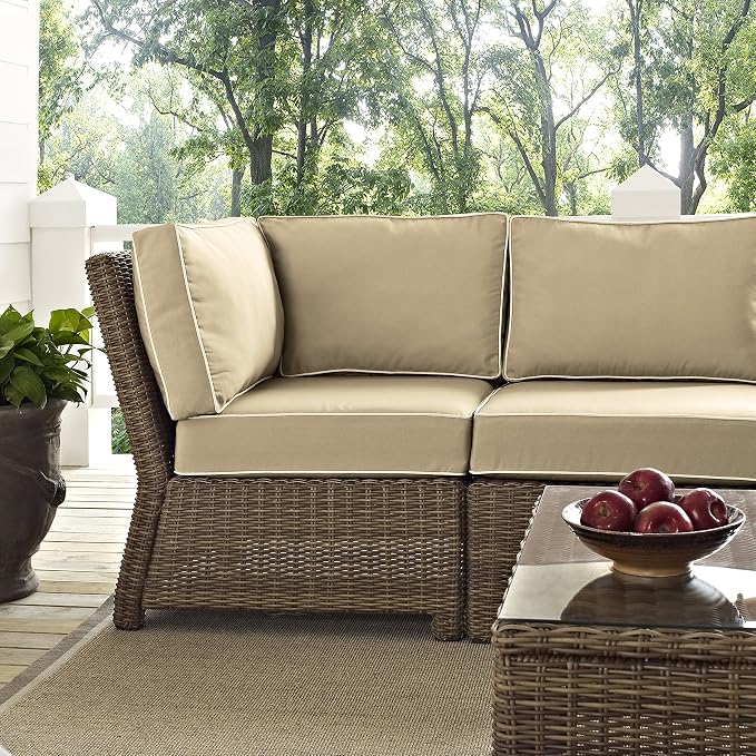 Crosley Furniture Bradenton 5-Piece Outdoor Sectional Sofa Wicker Conversation Patio Furniture Set for Deck, Brown with Sand Cushions
