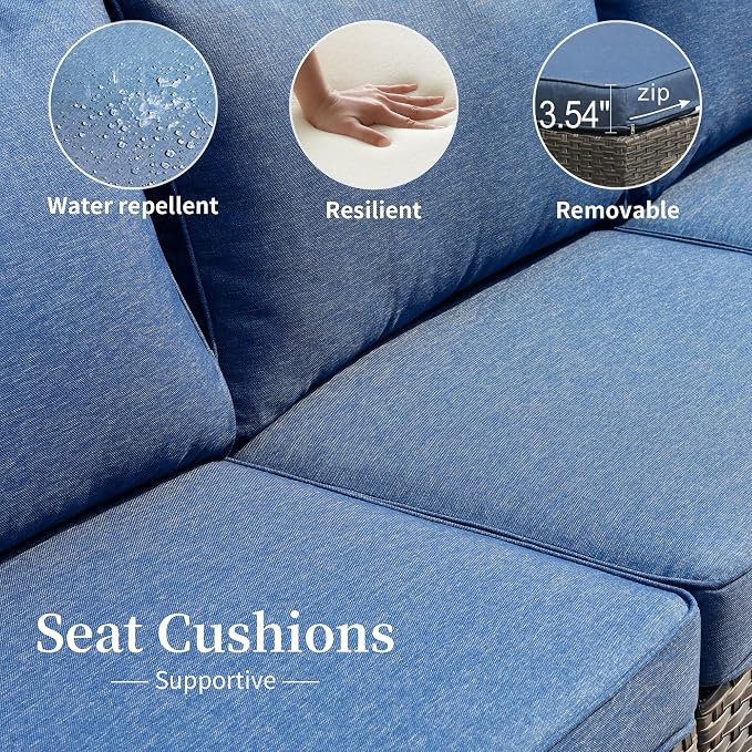 HOOOWOOO 8 Piece Patio Sectional Furniture Set with Fire Pit Table,Modern Wicker Outdoor Conversation Sofa Sets,Weather Resistant Modular L Shaped Outside Couch Set(Denime Blue)