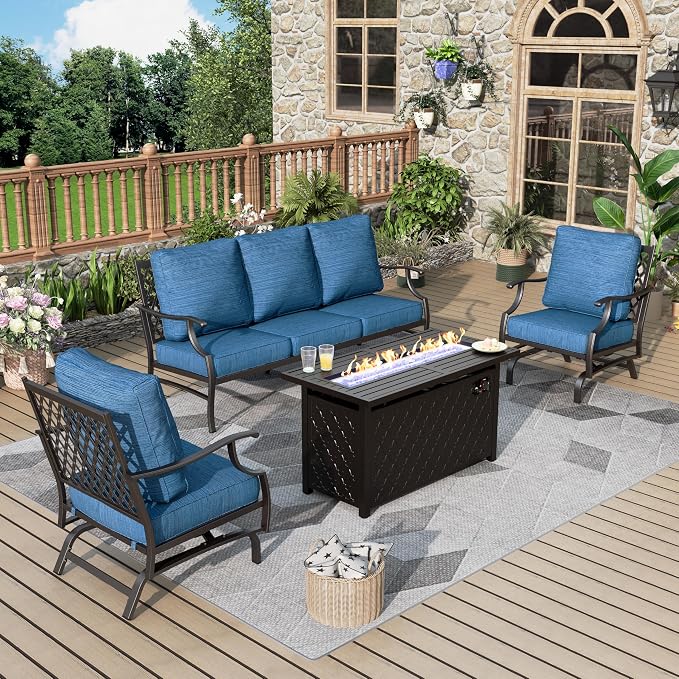 MIXPATIO Patio Furniture Set, 4 Pcs Metal Outdoor Conversation Set, 2 Rocking Chairs and 3 Seater Sofa with 5.75" Extra Thick Cushion and Gas Fire Pit Table for Backyard Deck, Gemstone Blue