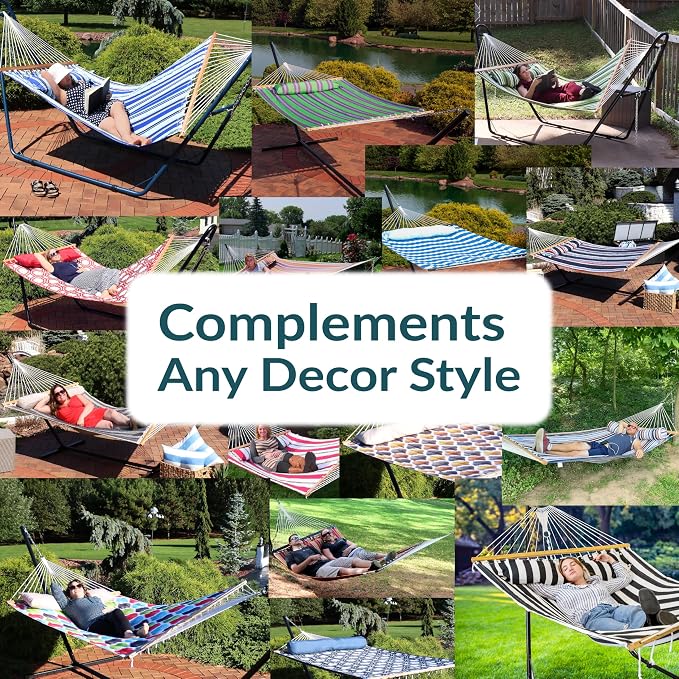 Sunnydaze Quilted Double Hammock for Outside with Spreader Bars and Pillow - 450 lb Capacity, 74x55 Inch Bed, UV Resistant, Quick Dry - Chains Included, Stand Sold Separately - Catalina Beach
