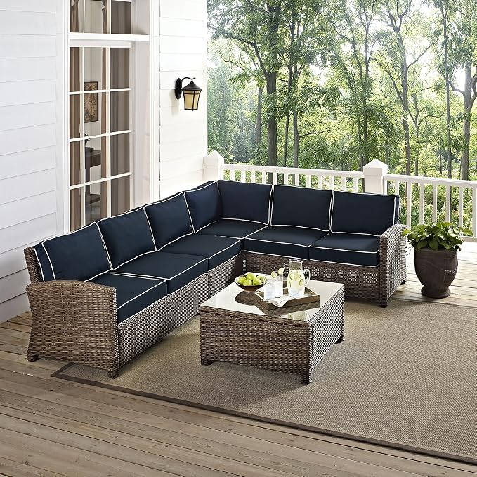 Crosley Furniture Bradenton 5-Piece Outdoor Sectional Sofa Wicker Conversation Patio Furniture Set for Deck, Brown with Navy Cushions