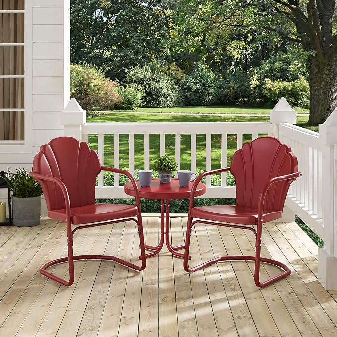 Crosley Furniture Tulip 3-Piece Outdoor Chair and Side Table Set, Retro Metal Patio Conversation Sets, Red