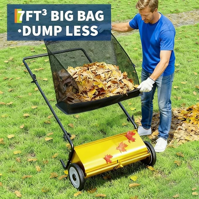 Takywep 26-Inch Push Lawn Sweeper, Anti-Rust Steel Frame, 4 High-Density Brushes, Adjustable Height, 7 Cu.Ft Collection Bag for Yard Debris (Yellow & Black)