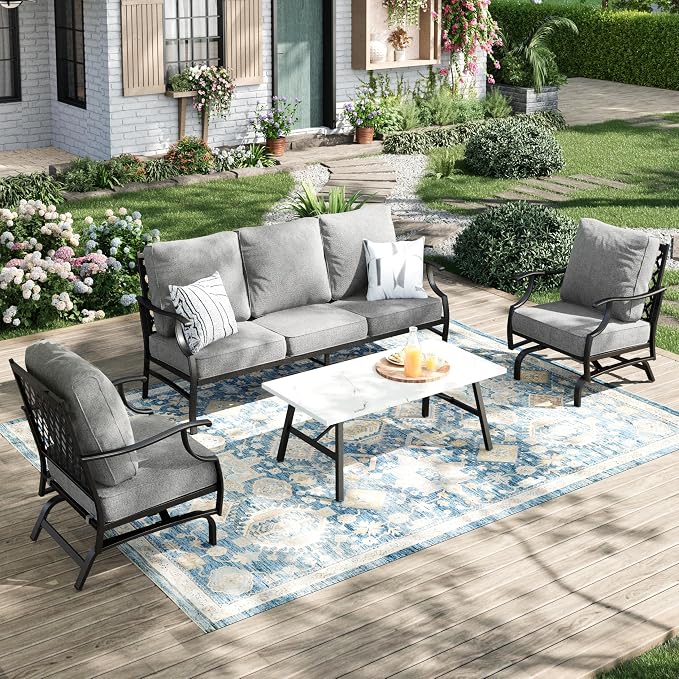 MIXPATIO Patio Furniture Set 4 pcs, Outdoor Patio Furniture, 3-Seat Sofa, 2 Rocking Chairs, Metal Coffee Table and 5.75" Extra Thick Cushion, Patio Conversation Set for Garden Backyard Deck,Grey