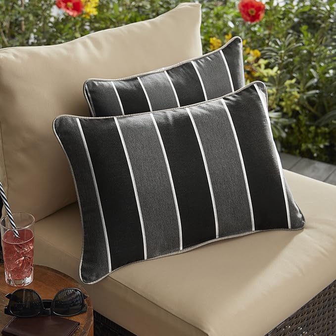 Mozaic Company AMPS112003 Indoor Outdoor SunbrellaLumbar Pillows with Corded Edges, Set of 212 x 18 Grey/Black Stripes & Silver Grey